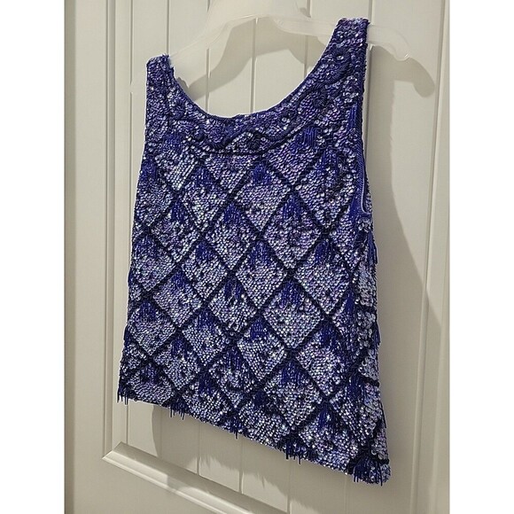 Idell Imports blue fringed beaded sequined cocktail top sleeveless wool Sz M Mod - Picture 12 of 12